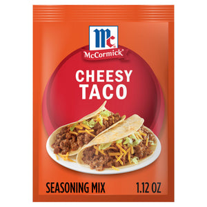 A packet of McCormick Cheesy Taco Seasoning Mix is displayed, featuring a photo of cheesy tacos.