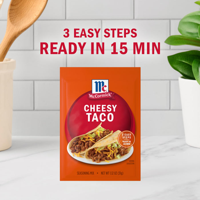 McCormick Cheesy Taco mix package with the text 3 easy steps ready in 15 min.