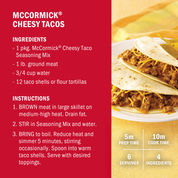 McCormick Cheesy Tacos recipe featuring ground meat, seasoning mix, water, and taco shells.