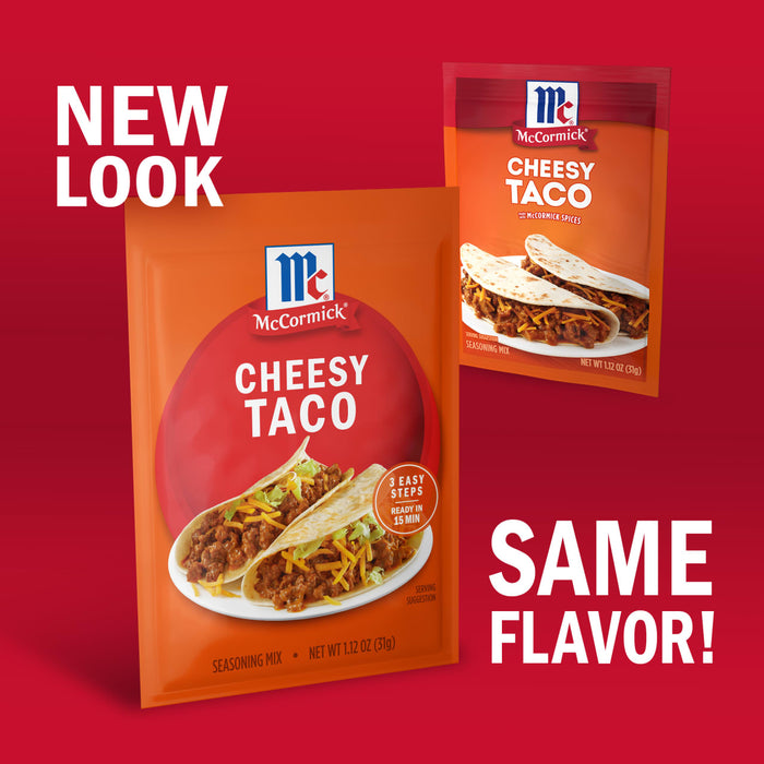 The image shows McCormick Cheesy Taco seasoning mix with a new look but the same flavor.