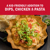 A kid-friendly dip with chicken and pasta, topped with lettuce, tomatoes, and jalapeños, served in a tortilla bowl with tortilla chips.