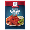 McCormick Original Buffalo Wings Seasoning Mix package with a serving suggestion of buffalo wings celery carrots and blue cheese dip.