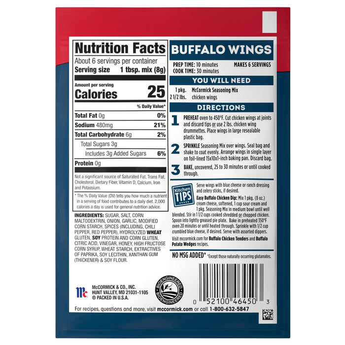 McCormick Buffalo Wings Seasoning Mix package with nutrition facts directions and kitchen tips.