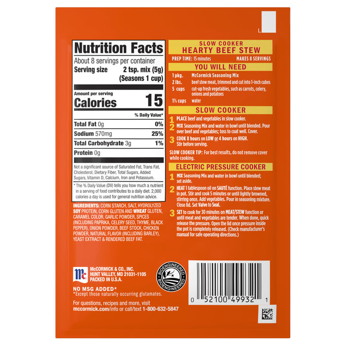McCormick Hearty Beef Stew mix package with nutrition facts and cooking instructions.