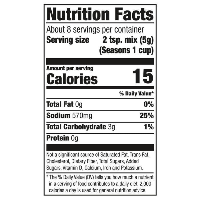 Nutrition facts label for Seasons brand seasoning mix.