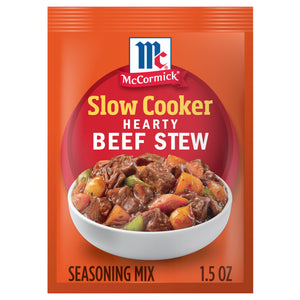 A packet of McCormick Slow Cooker Hearty Beef Stew seasoning mix is displayed.
