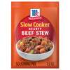 A packet of McCormick Slow Cooker Hearty Beef Stew seasoning mix is displayed.