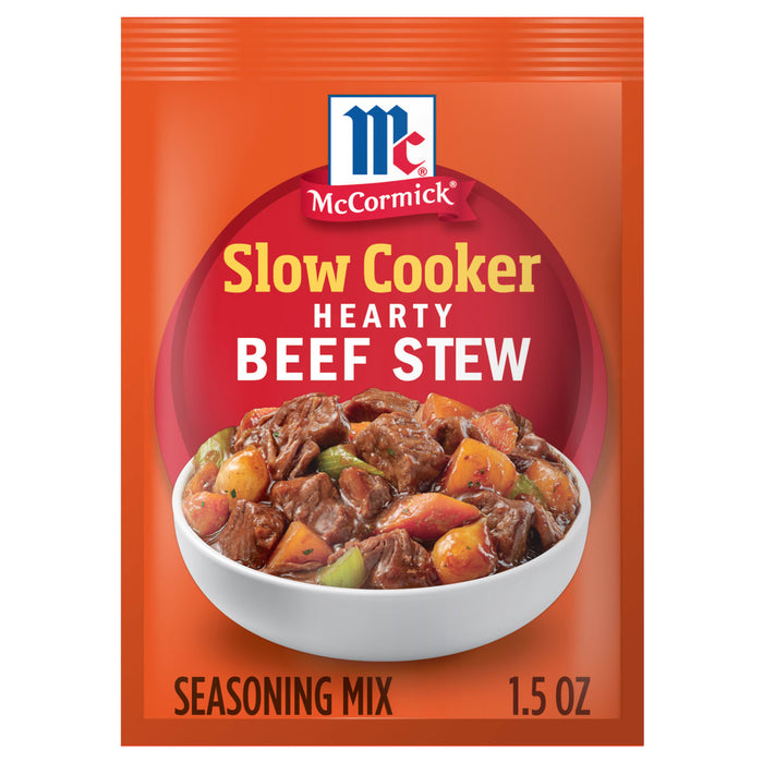 A packet of McCormick Slow Cooker Hearty Beef Stew seasoning mix is displayed.