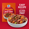 McCormick Slow Cooker Hearty Beef Stew mix package next to a bowl of the finished stew, highlighting the easy 15-minute prep time.