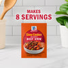 A box of McCormick Slow Cooker Hearty Beef Stew mix, which makes 8 servings, is displayed.