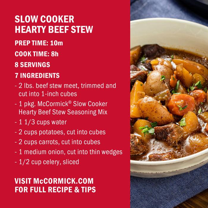 This image shows a recipe for McCormick Slow Cooker Hearty Beef Stew.