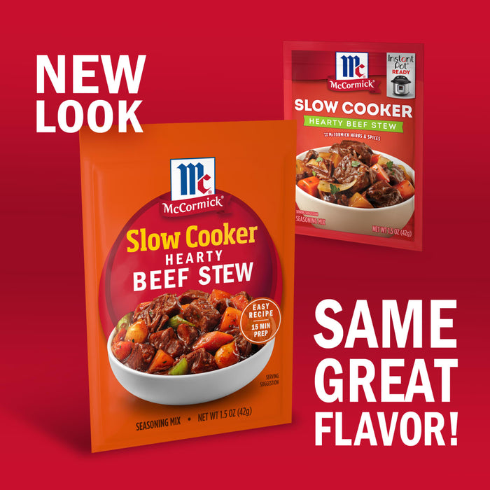 The image shows McCormick Slow Cooker Hearty Beef Stew seasoning mix with a new look but the same flavor.