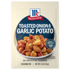 McCormick Toasted Onion &amp; Garlic Potato seasoning mix packet featuring a bowl of seasoned potatoes.