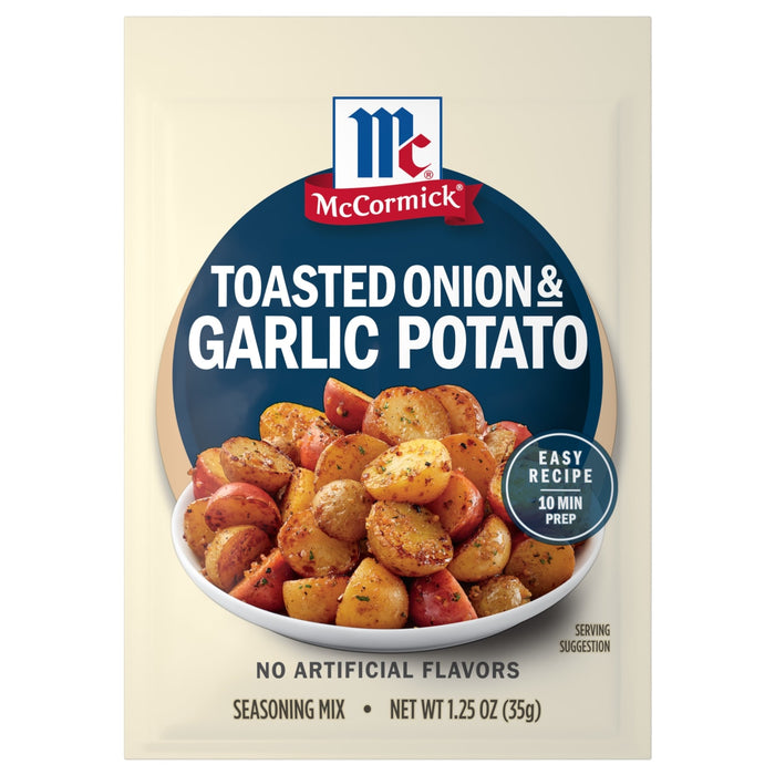 McCormick Toasted Onion &amp; Garlic Potato seasoning mix packet featuring a bowl of seasoned potatoes.
