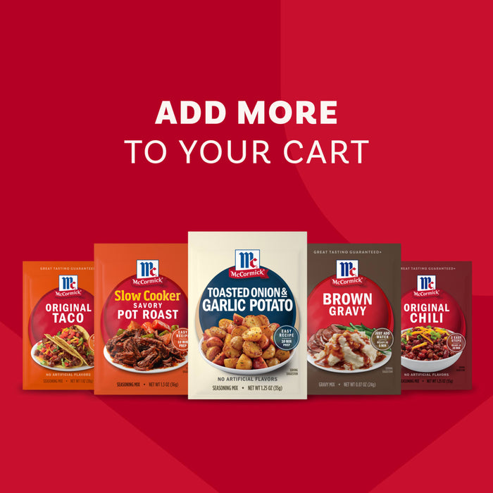 An advertisement encourages shoppers to add more to their cart, showing a lineup of McCormick seasoning mixes with a packet of Mccormick Toasted Onion And Garlic Seasoning Mix 1.25 Oz at the center.