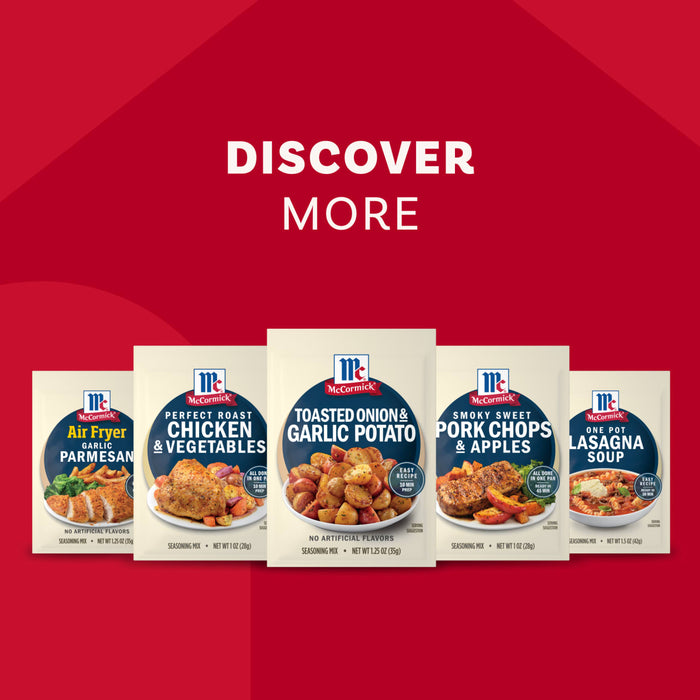 A promotional image with the text DISCOVER MORE displays a variety of McCormick seasoning mixes, featuring a packet of Mccormick Toasted Onion And Garlic Seasoning Mix 1.25 Oz at the center of the lineup.