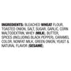 The image shows a list of ingredients including bleached wheat flour, toasted onion, salt, sugar, garlic, corn maltodextrin, whey, butter, spices, caramel color, nonfat milk, green onion, yeast and natural flavor.