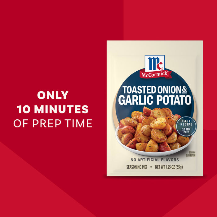 A package of Mccormick Toasted Onion And Garlic Seasoning Mix 1.25 Oz is displayed next to a bowl of roasted potatoes, with text highlighting the 10-minute prep time.