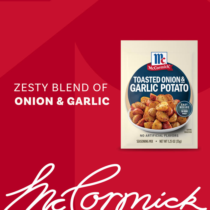 A packet of Mccormick Toasted Onion And Garlic Seasoning Mix 1.25 Oz is featured in a marketing image with a bowl of roasted potatoes on the label and a red background.