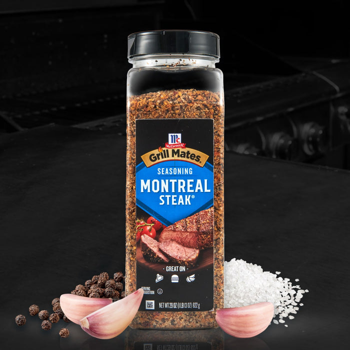 A bottle of McCormick Grill Mates Montreal Steak seasoning with garlic peppercorns and salt.