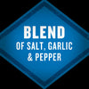 A blue diamond with a white outline and the text BLEND OF SALT GARLIC &amp; PEPPER in white.