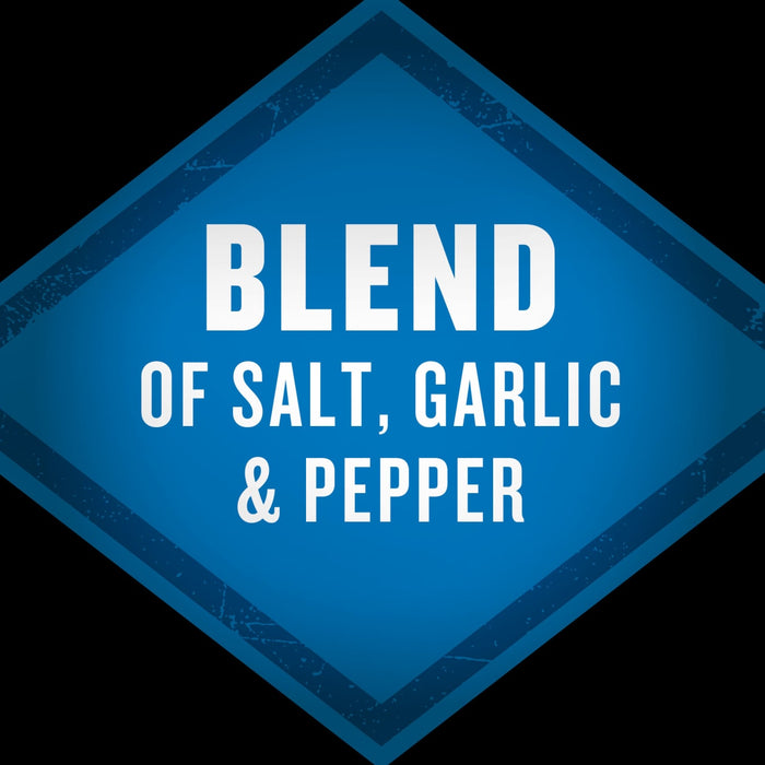 A blue diamond with a white outline and the text BLEND OF SALT GARLIC &amp; PEPPER in white.