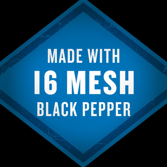 A blue diamond with a white border and the text Made with 16 Mesh Black Pepper inside.