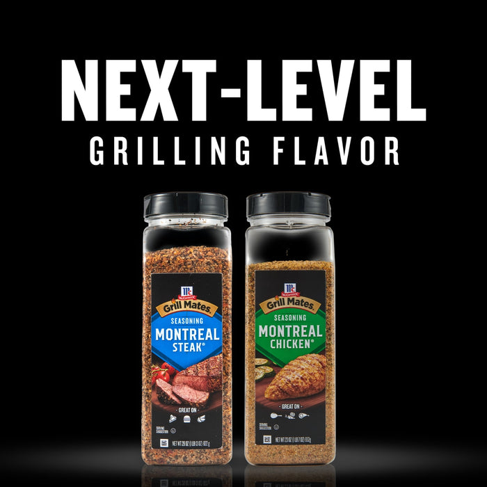 Two McCormick Grill Mates seasoning bottles one for Montreal Steak and one for Montreal Chicken.
