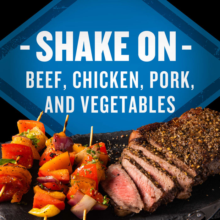 A blue sign with the words Shake On - Beef Chicken Pork and Vegetables over a plate of grilled steak and vegetables.