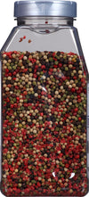 A clear plastic jar filled with a mixture of black white green and red peppercorns.