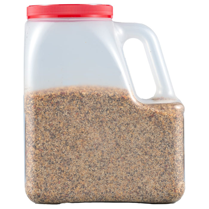 A clear plastic jar with a red lid filled with a blend of spices.