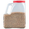 A clear plastic jar with a red lid filled with a blend of spices.