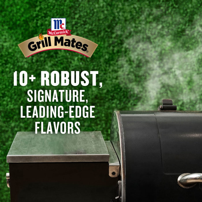 A close-up of a grill with smoke rising, advertising McCormick Grill Mates and highlighting their 10+ robust, signature, leading-edge flavors.