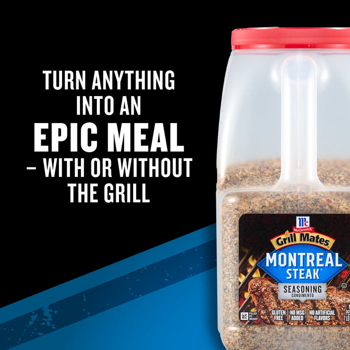 McCormick Montreal Steak Seasoning is shown with the text Turn anything into an epic meal with or without the grill.