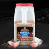 A container of McCormick Montreal Steak Seasoning is displayed with garlic cloves and peppercorns.