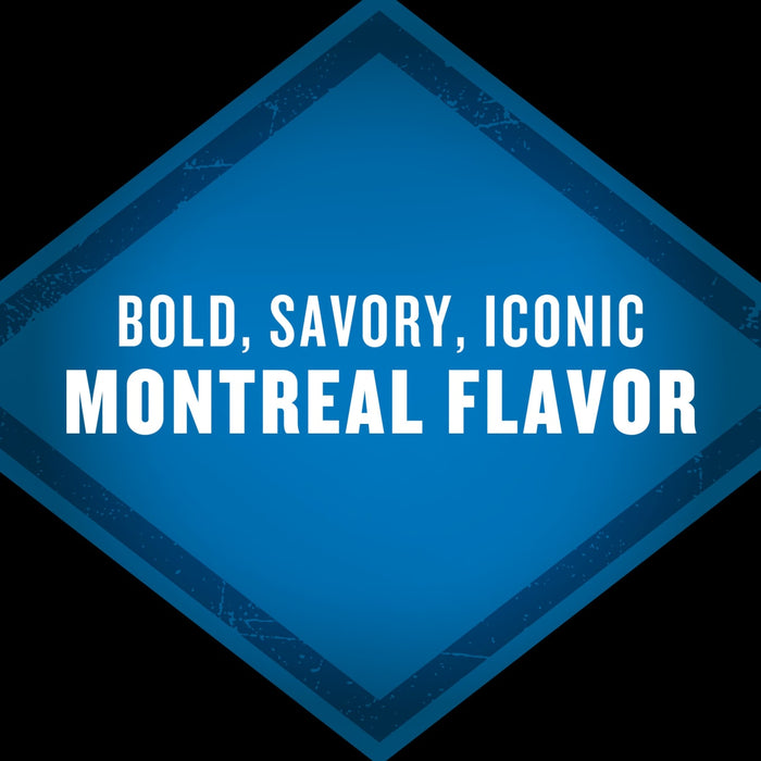 A blue diamond shape with the text Bold, Savory, Iconic Montreal Flavor.