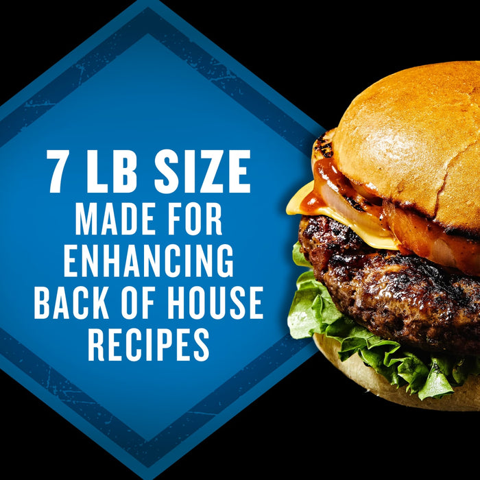 A 7 lb size burger is shown, made for enhancing back of house recipes.