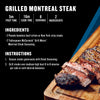 An infographic recipe for Grilled Montreal Steak lists Mccormick Grill Mates Montreal Steak Seasoning as an ingredient, shown next to a sliced grilled steak on a wooden cutting board.