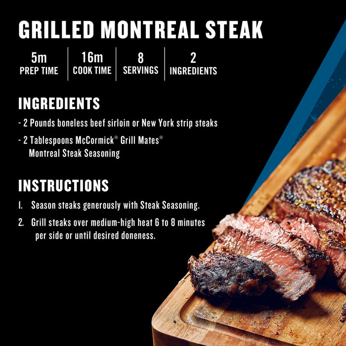 An infographic recipe for Grilled Montreal Steak lists Mccormick Grill Mates Montreal Steak Seasoning as an ingredient, shown next to a sliced grilled steak on a wooden cutting board.