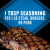 The image shows a seasoned steak with text indicating the seasoning ratio: 1 tbsp per 1 lb of steak, burgers, or pork.