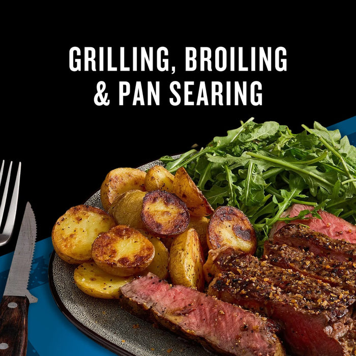 A delicious meal featuring grilled steak, roasted potatoes, and fresh greens, showcasing versatile cooking methods like grilling, broiling, and pan searing.