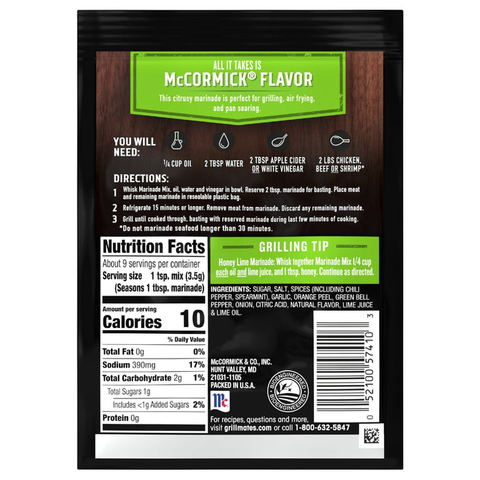 McCormick Honey Lime Marinade packet with nutrition facts and grilling tips.