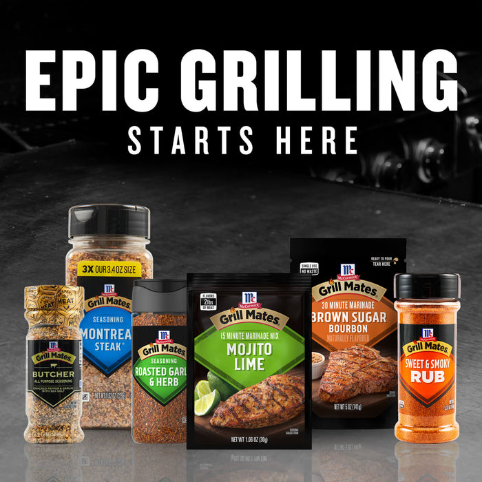 A variety of Grill Mates spices are displayed under the text Epic Grilling Starts Here.