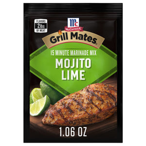 A packet of McCormick Grill Mates Mojito Lime 15-minute marinade mix is displayed.