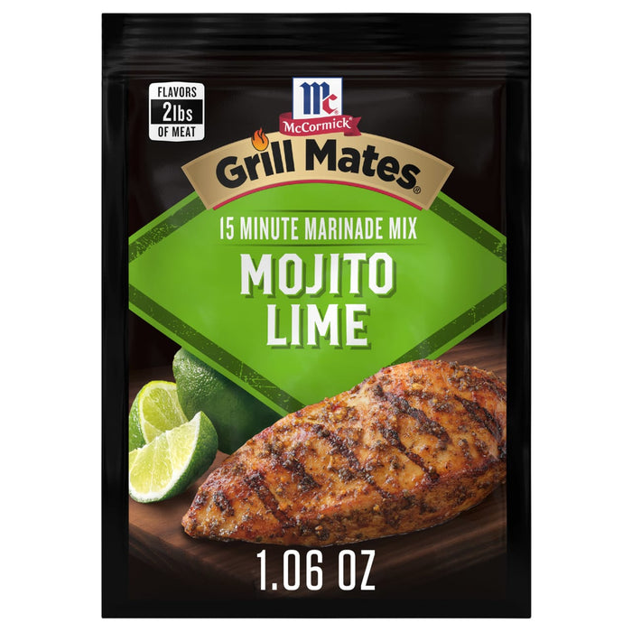 A packet of McCormick Grill Mates Mojito Lime 15-minute marinade mix is displayed.