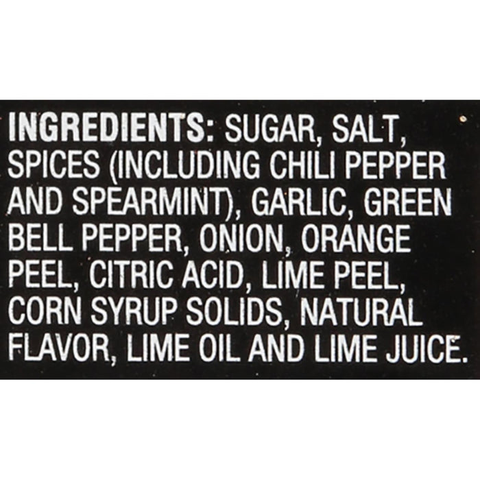 A list of ingredients for a product including sugar salt spices garlic and lime.