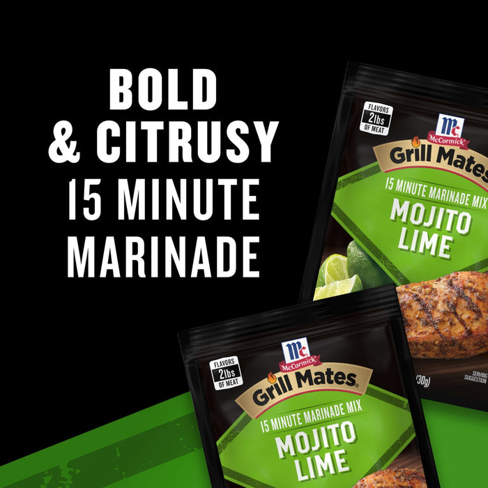 A package of Grill Mates Mojito Lime 15 Minute Marinade is displayed, highlighting its bold and citrusy flavor.
