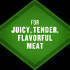 A green diamond-shaped badge promotes juicy, tender, and flavorful meat.