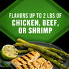 This product flavors up to 2 lbs of chicken, beef, or shrimp, as shown in the image with grilled chicken, asparagus, and lime.