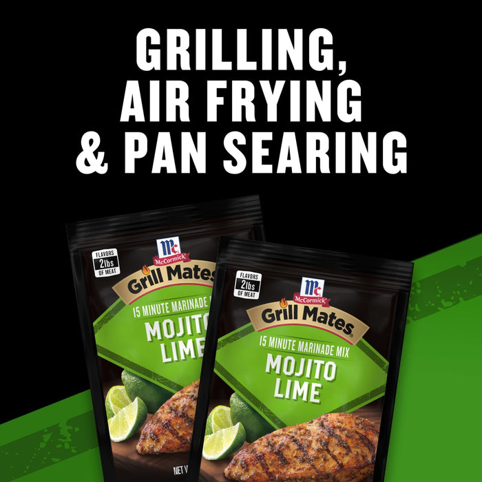 McCormick Grill Mates Mojito Lime seasoning is advertised for grilling, air frying, and pan searing.